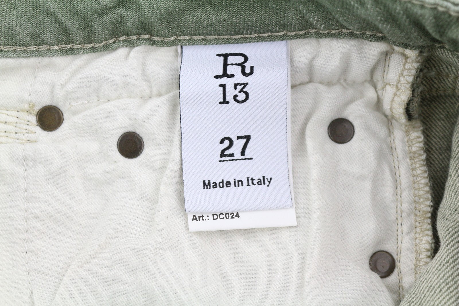 R13 Tobi Boy Women Jeans 27 Low Rise Slim  Washed Army Green Stretchy RRP€695