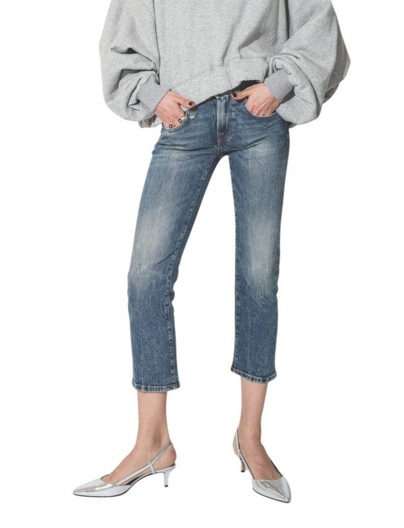 R13 Boy Straight Women Jeans 26 Ankle Cropped Washed Blue Kelly Stretch RRP€645