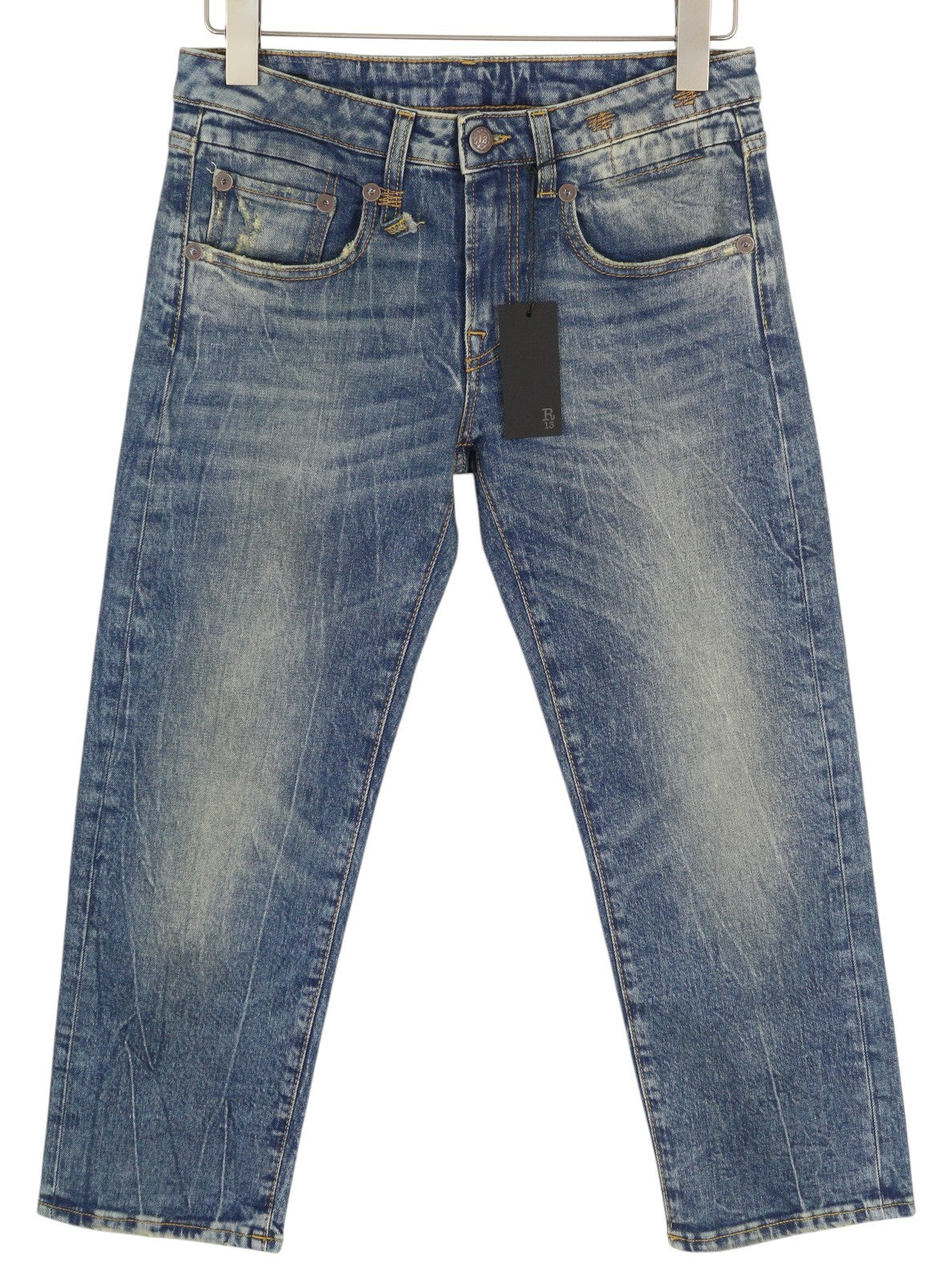 R13 Boy Straight Women Jeans 26 Ankle Cropped Washed Blue Kelly Stretch RRP€645