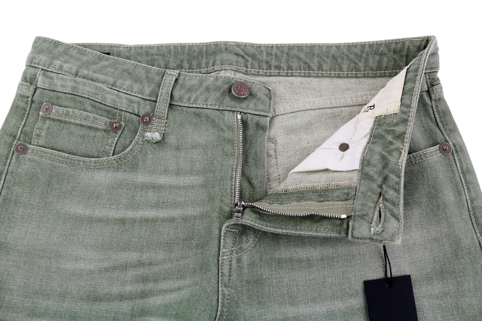 R13 Boy Straight Women Jeans 30 Slim Cropped Army Green Stretch RRP€695