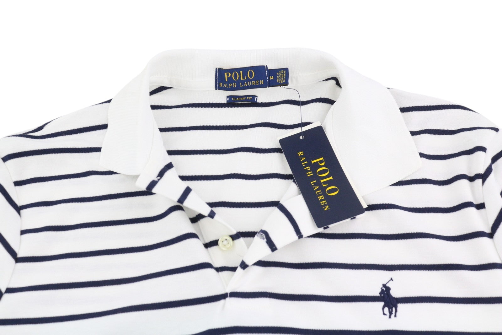 RALPH LAUREN Classic Fit Men T-Shirt M White Short Sleeve Striped Polo Neck