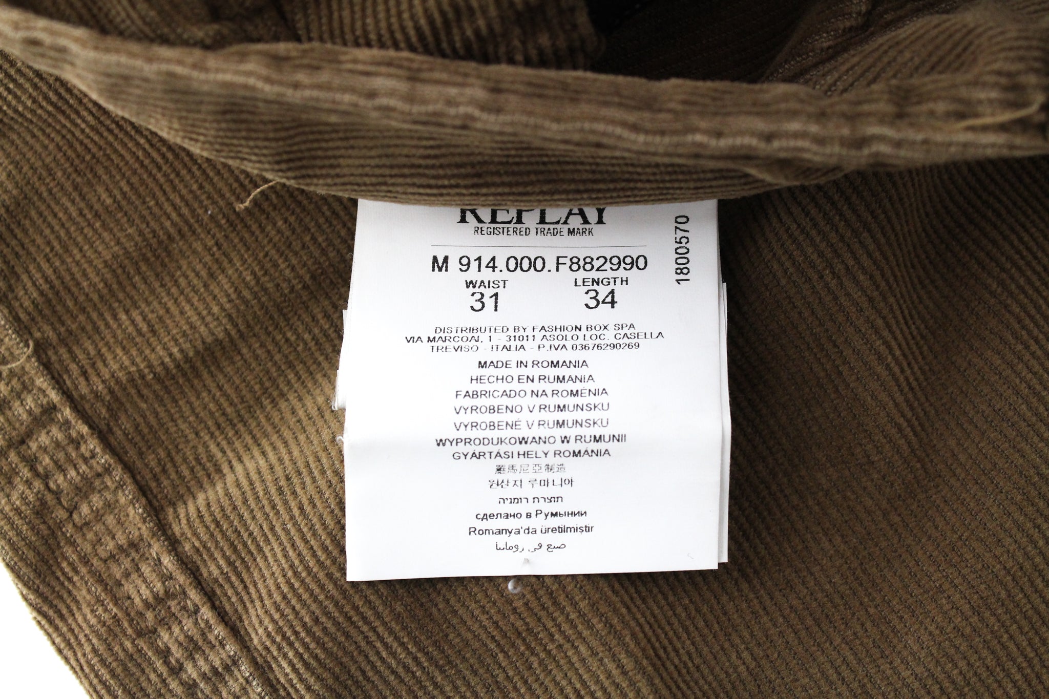 REPLAY Anbass Men's W31/L34 Brown Corduroy Slim Button-Fly Casual Trousers