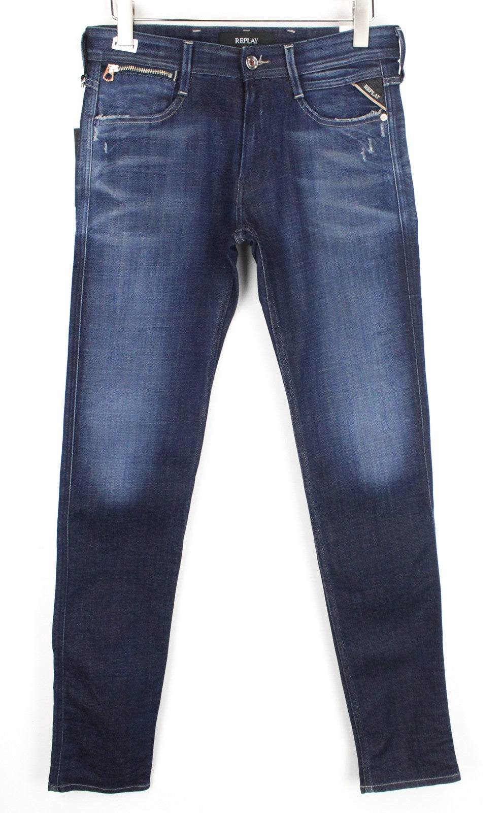 REPLAY Anbass Ice Blast Men's W30/L34 Slim Fit Stretch Faded Zip Blue Jeans