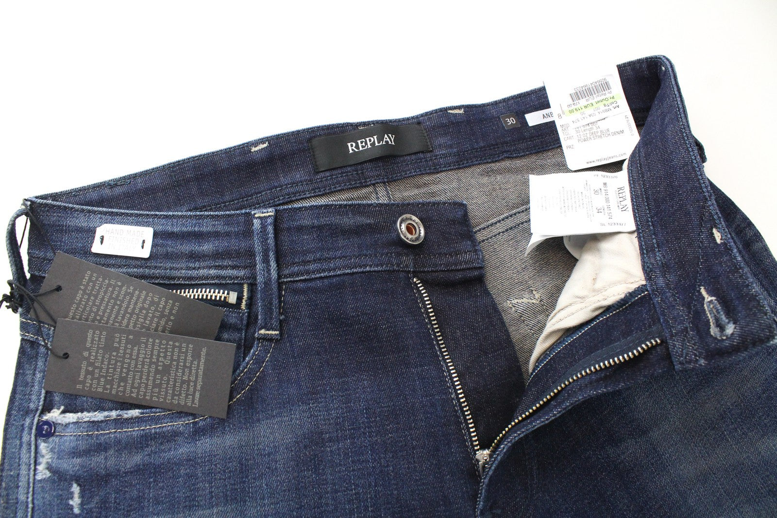 REPLAY Anbass Ice Blast Men's W30/L34 Slim Fit Stretch Faded Zip Blue Jeans