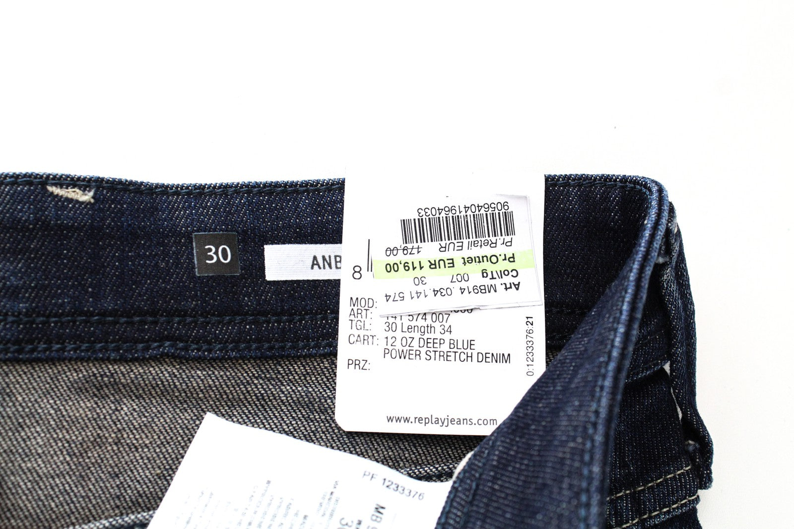 REPLAY Anbass Ice Blast Men's W30/L34 Slim Fit Stretch Faded Zip Blue Jeans