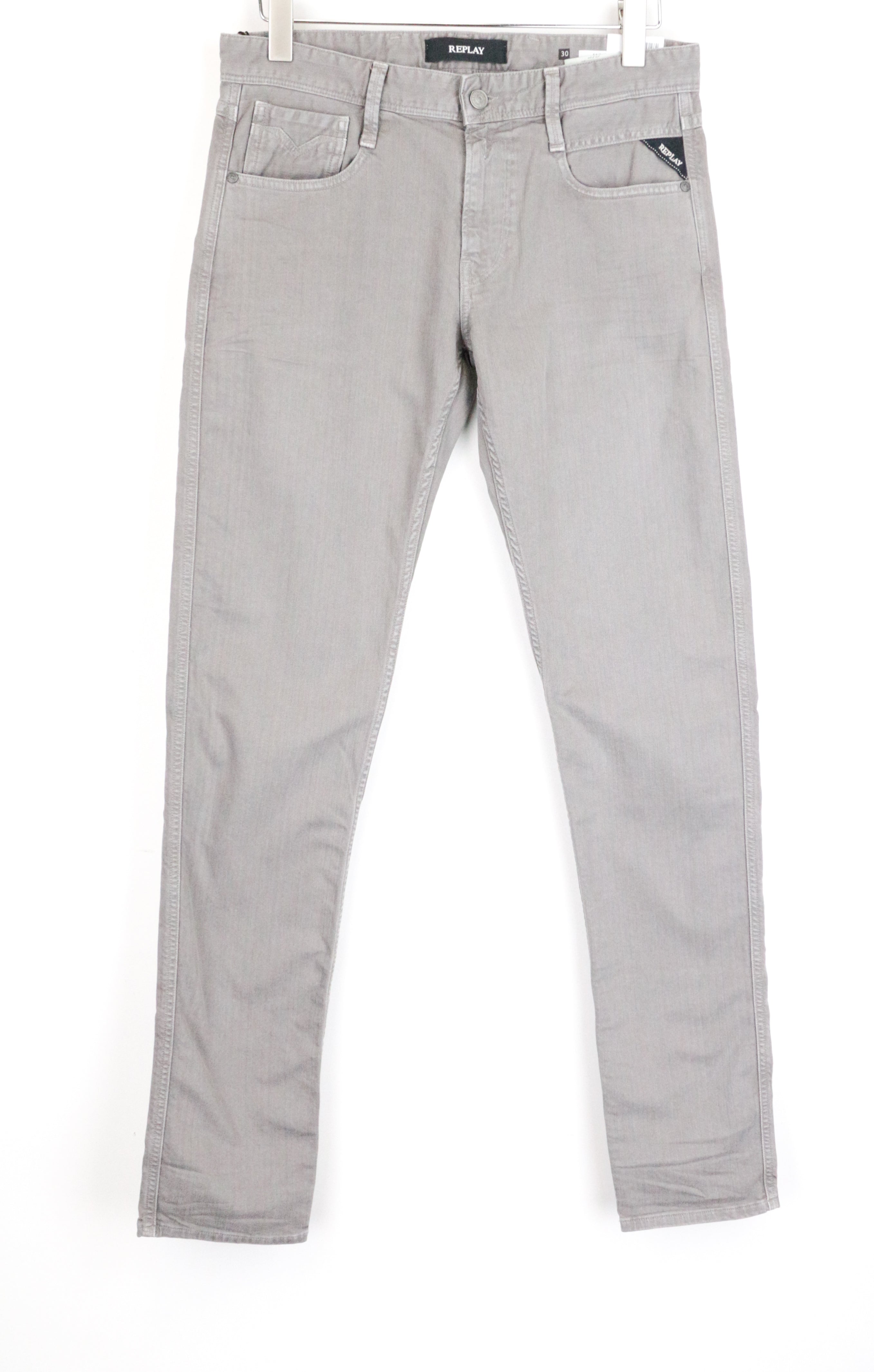 REPLAY Anbass Men's W30/L34 Light Grey Zip-Fly Slim Fit Stretch Denim Jeans