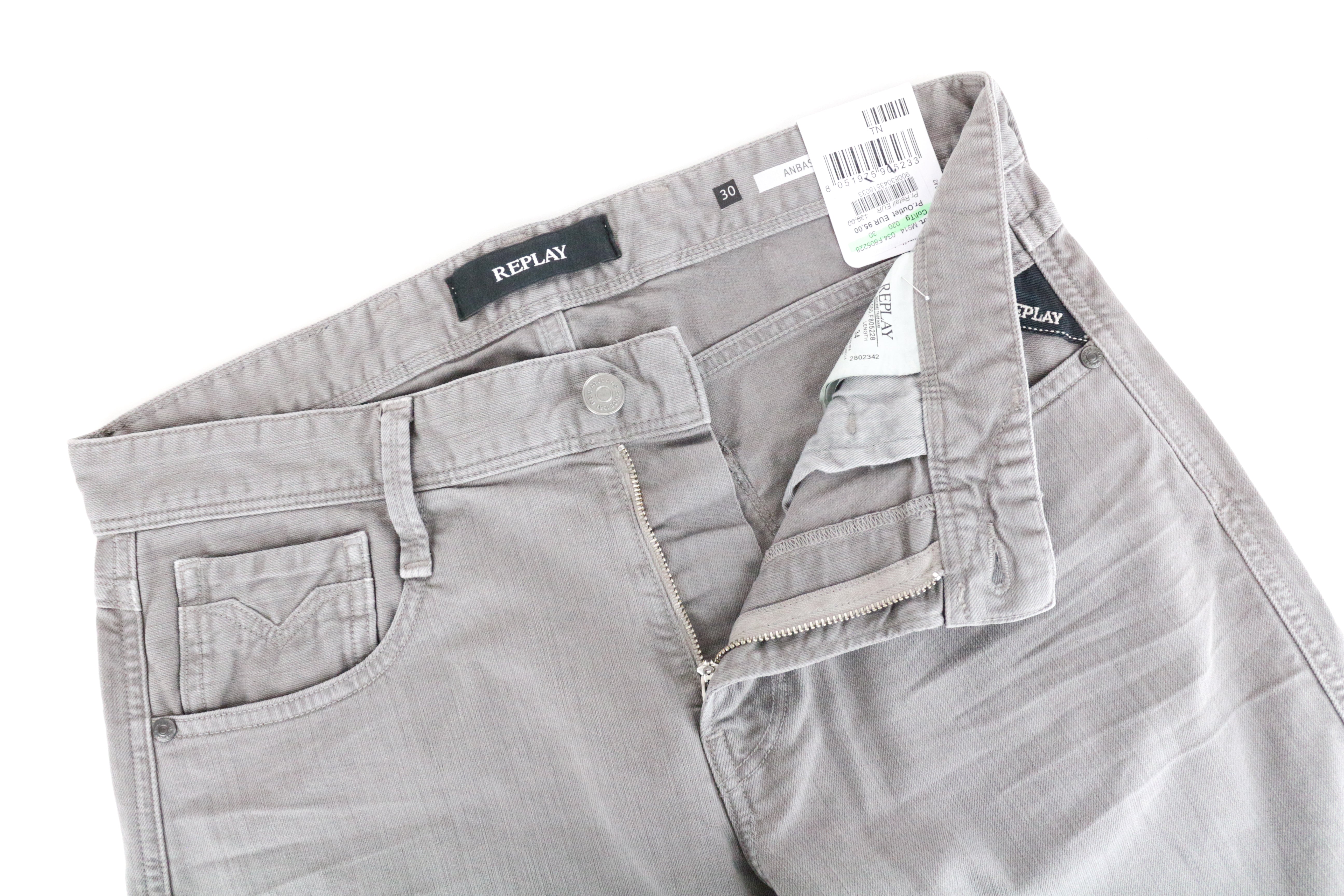 REPLAY Anbass Men's W30/L34 Light Grey Zip-Fly Slim Fit Stretch Denim Jeans