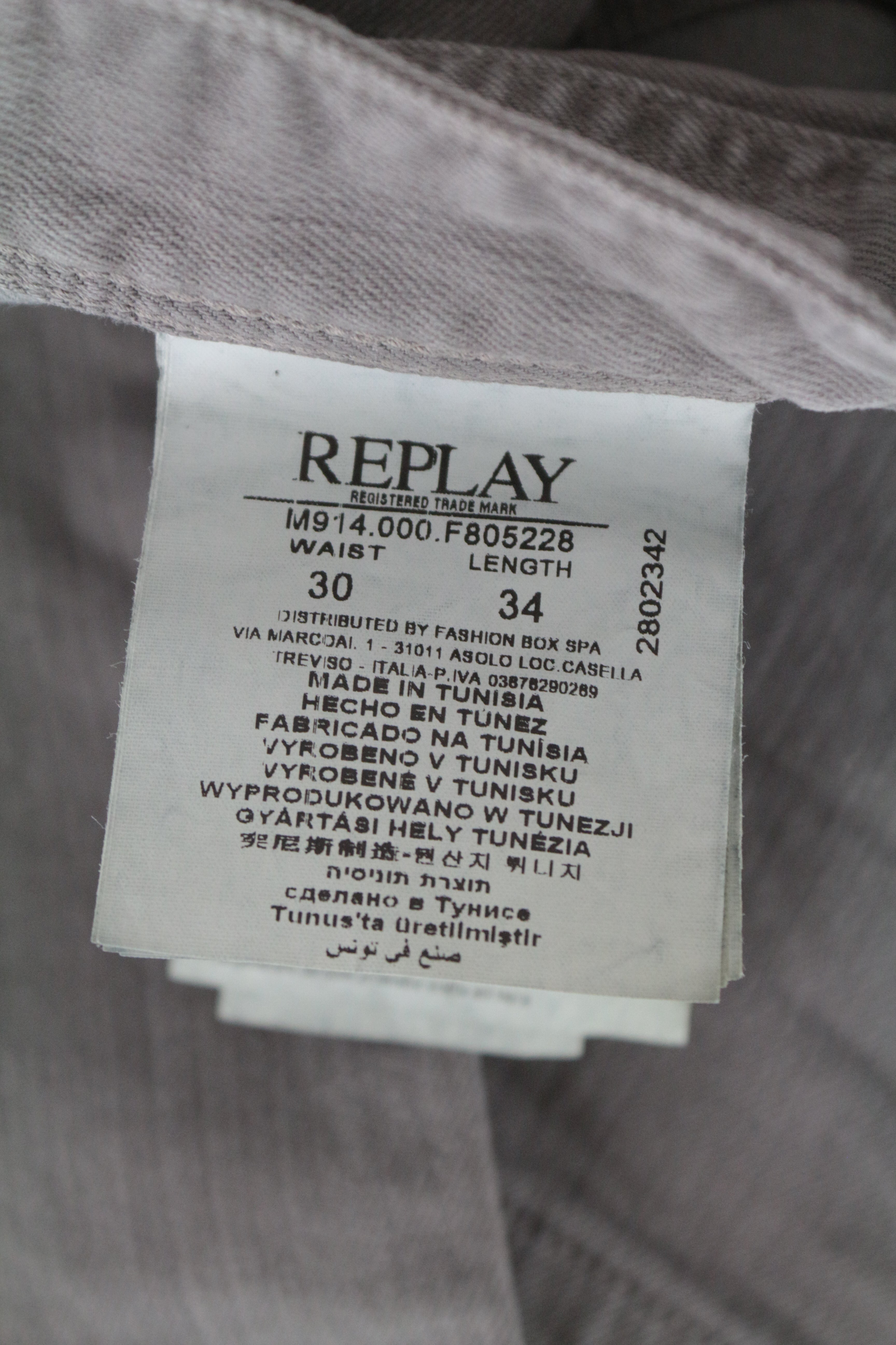 REPLAY Anbass Men's W30/L34 Light Grey Zip-Fly Slim Fit Stretch Denim Jeans