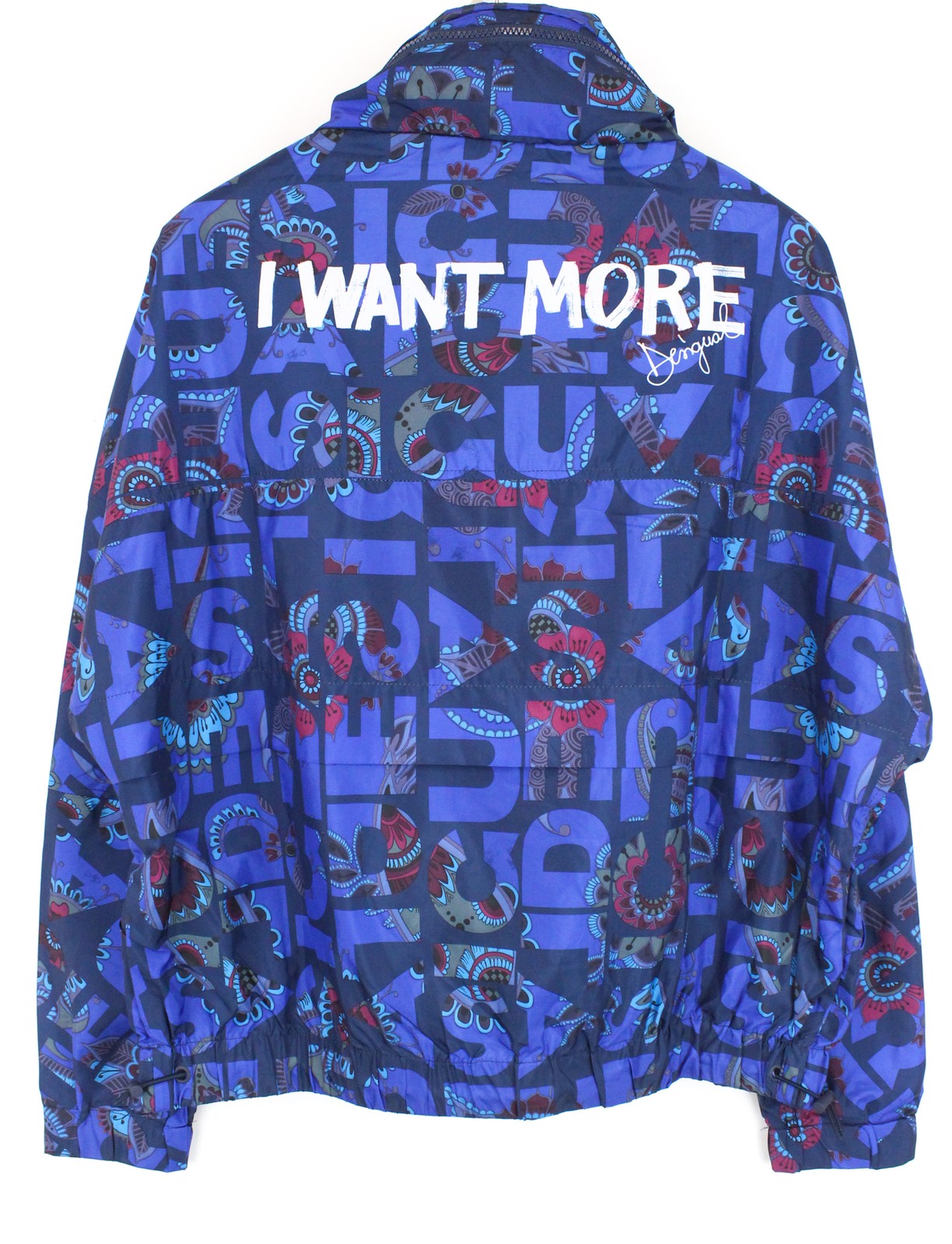 DESIGUAL Lex Women's 40 Blue Short Jacket Abstract Print Logo Hidden Hood