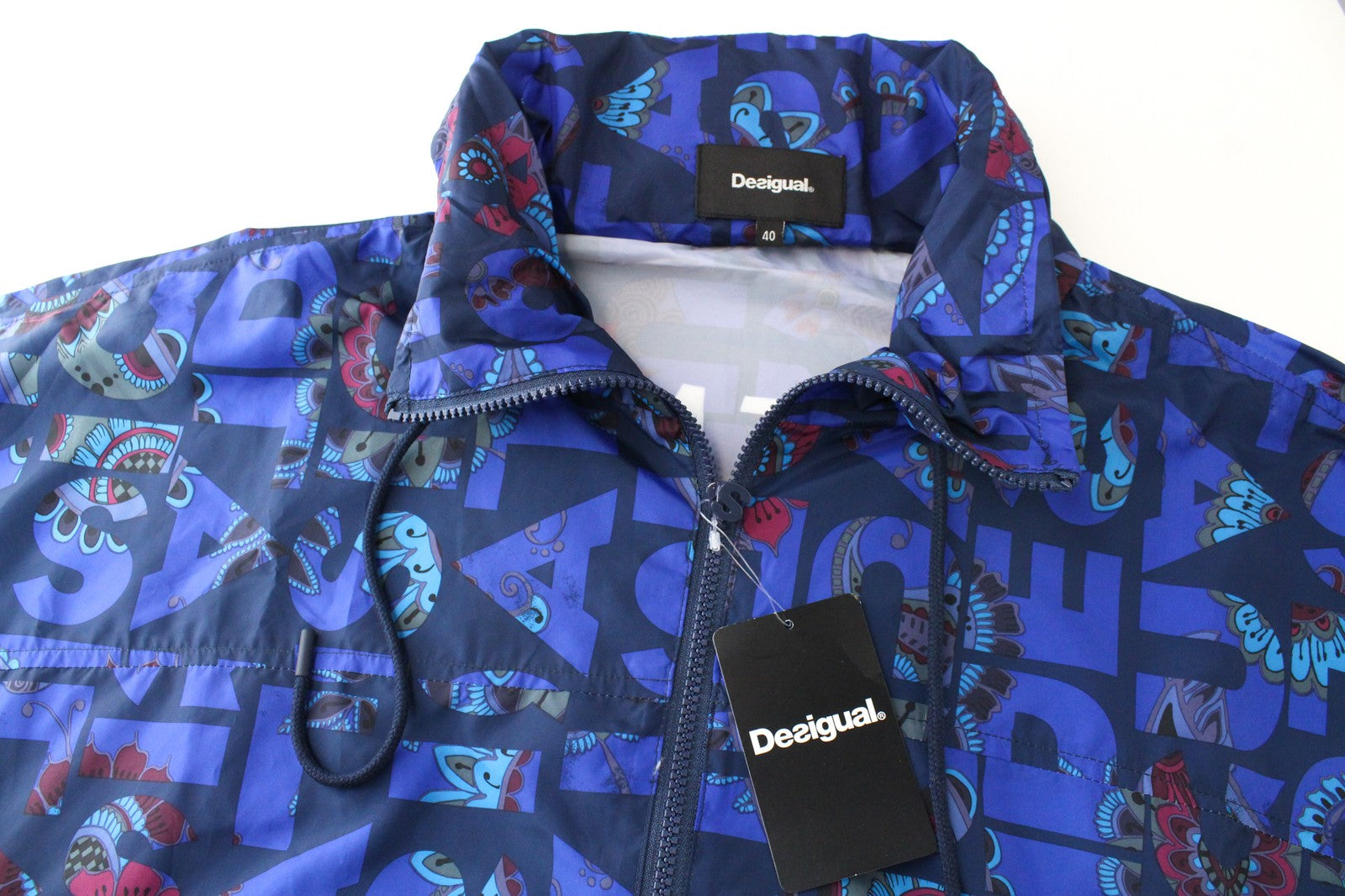 DESIGUAL Lex Women's 40 Blue Short Jacket Abstract Print Logo Hidden Hood