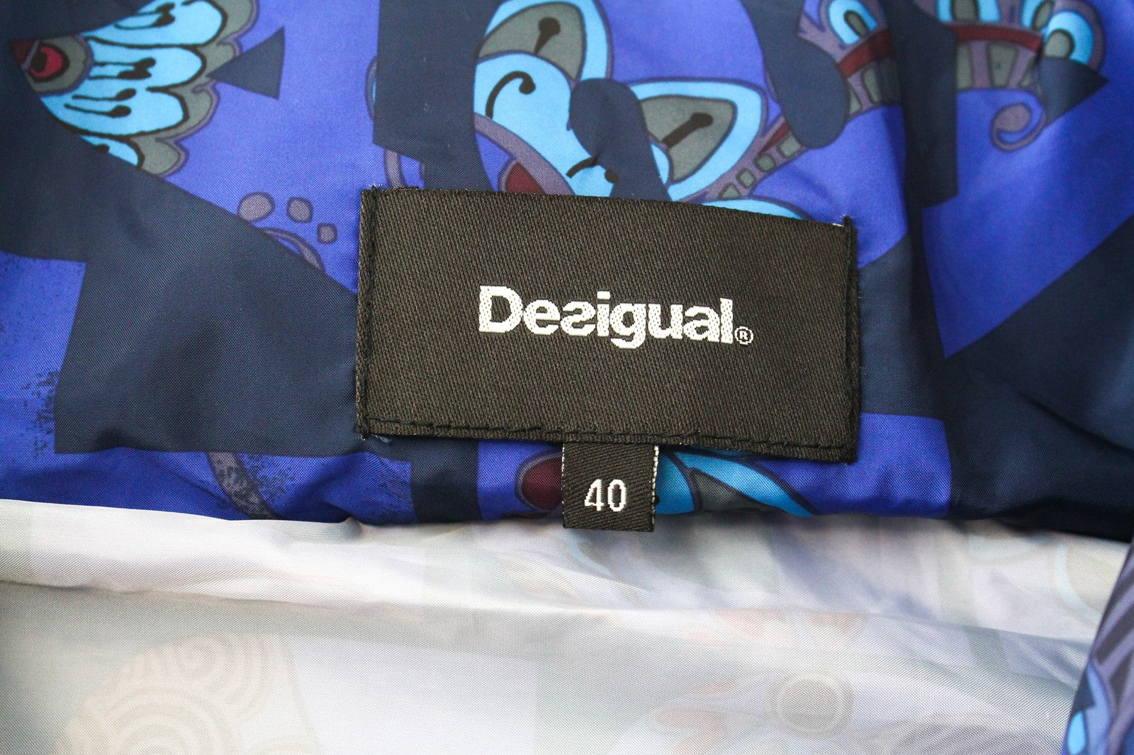 DESIGUAL Lex Women's 40 Blue Short Jacket Abstract Print Logo Hidden Hood