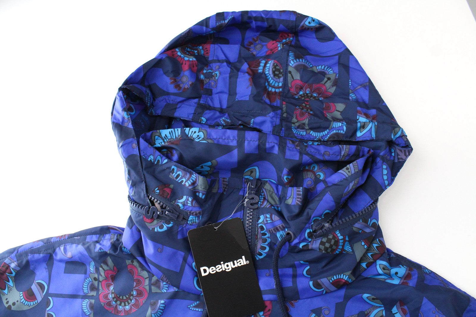 DESIGUAL Lex Women's 40 Blue Short Jacket Abstract Print Logo Hidden Hood