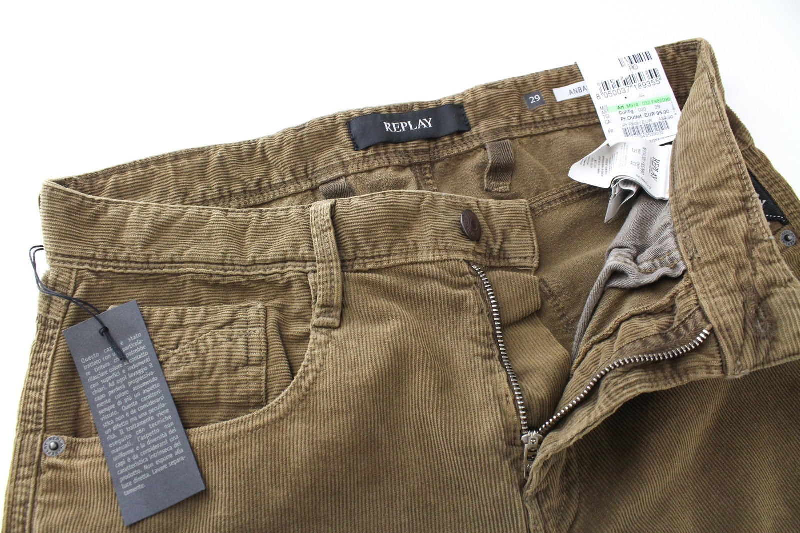 REPLAY Anbass Men's W29/L32 Mustard Brown Corduroy Slim Button-Fly Trousers