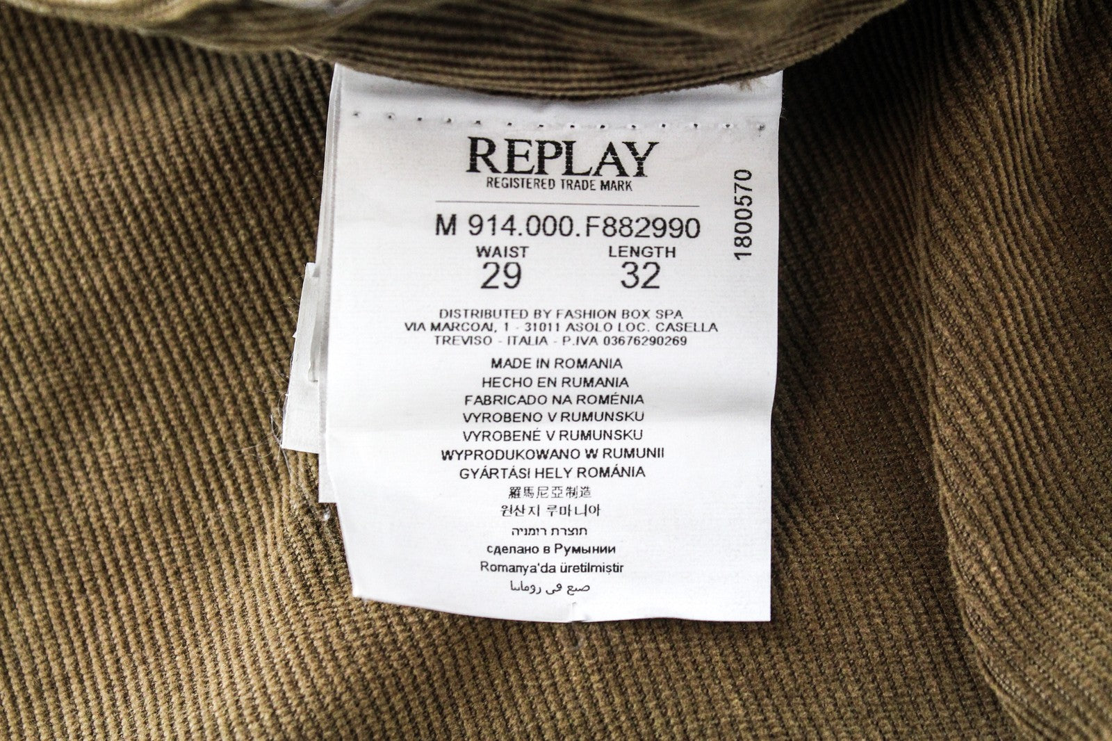 REPLAY Anbass Men's W29/L32 Mustard Brown Corduroy Slim Button-Fly Trousers