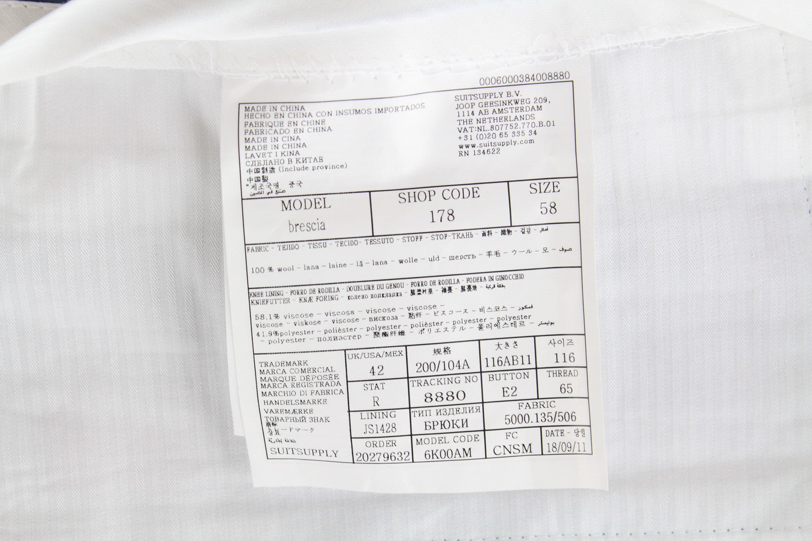 SUITSUPPLY Brescia Men's UK42R Blue Classic Lined Formal Wool Trousers