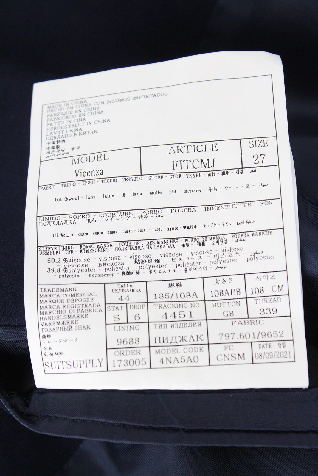 SUITSUPPLY Vicenza Men's UK44S Lined Navy Wool Mid-Length Flannel Coat