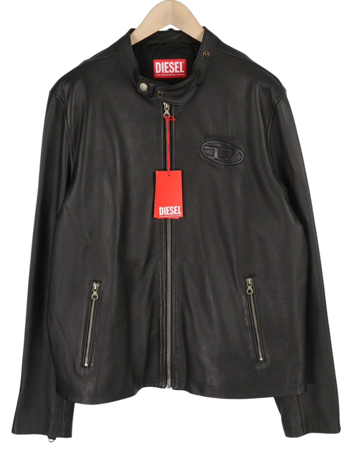 DIESEL L-Metalo Men Jacket 54 Black Sheepskin Leather Zipper Logo RRP€795