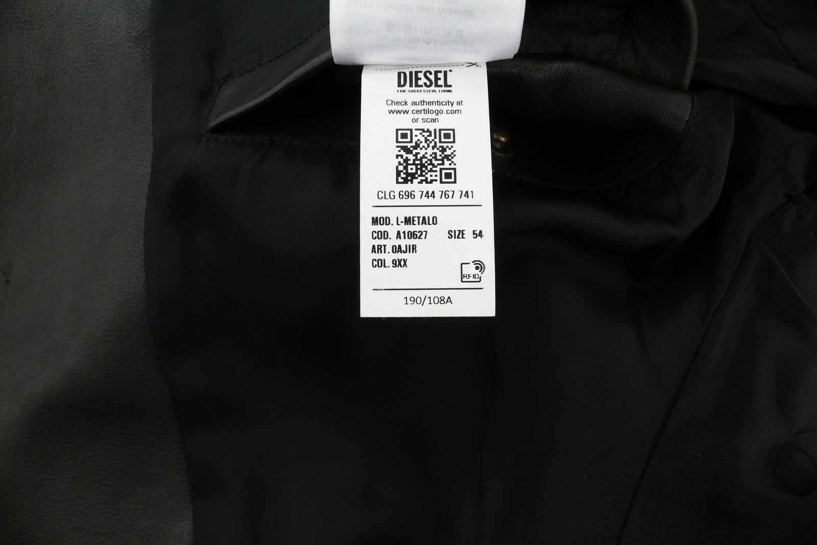 DIESEL L-Metalo Men Jacket 54 Black Sheepskin Leather Zipper Logo RRP€795