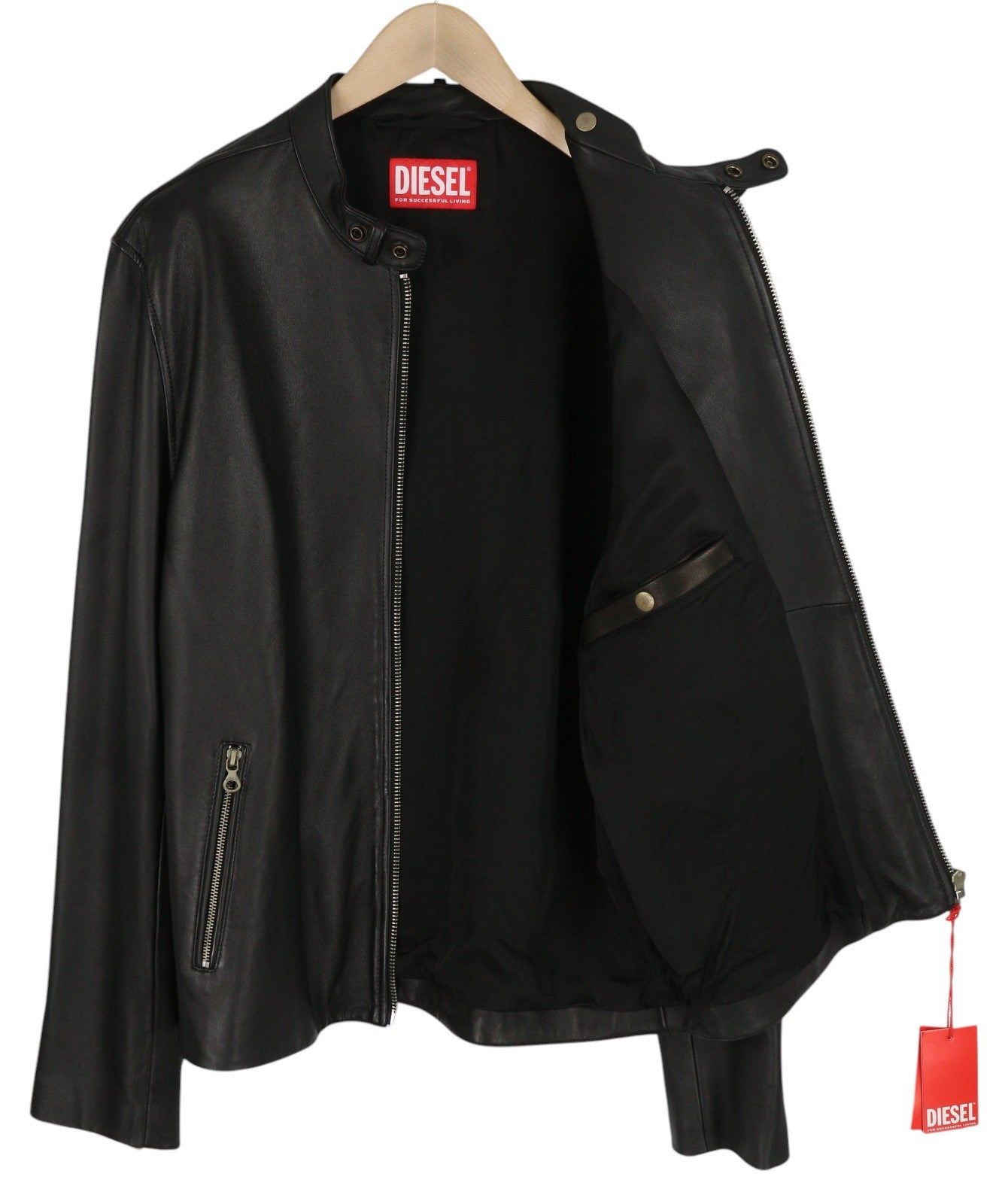 DIESEL L-Metalo Men Jacket 54 Black Sheepskin Leather Zipper Logo RRP€795