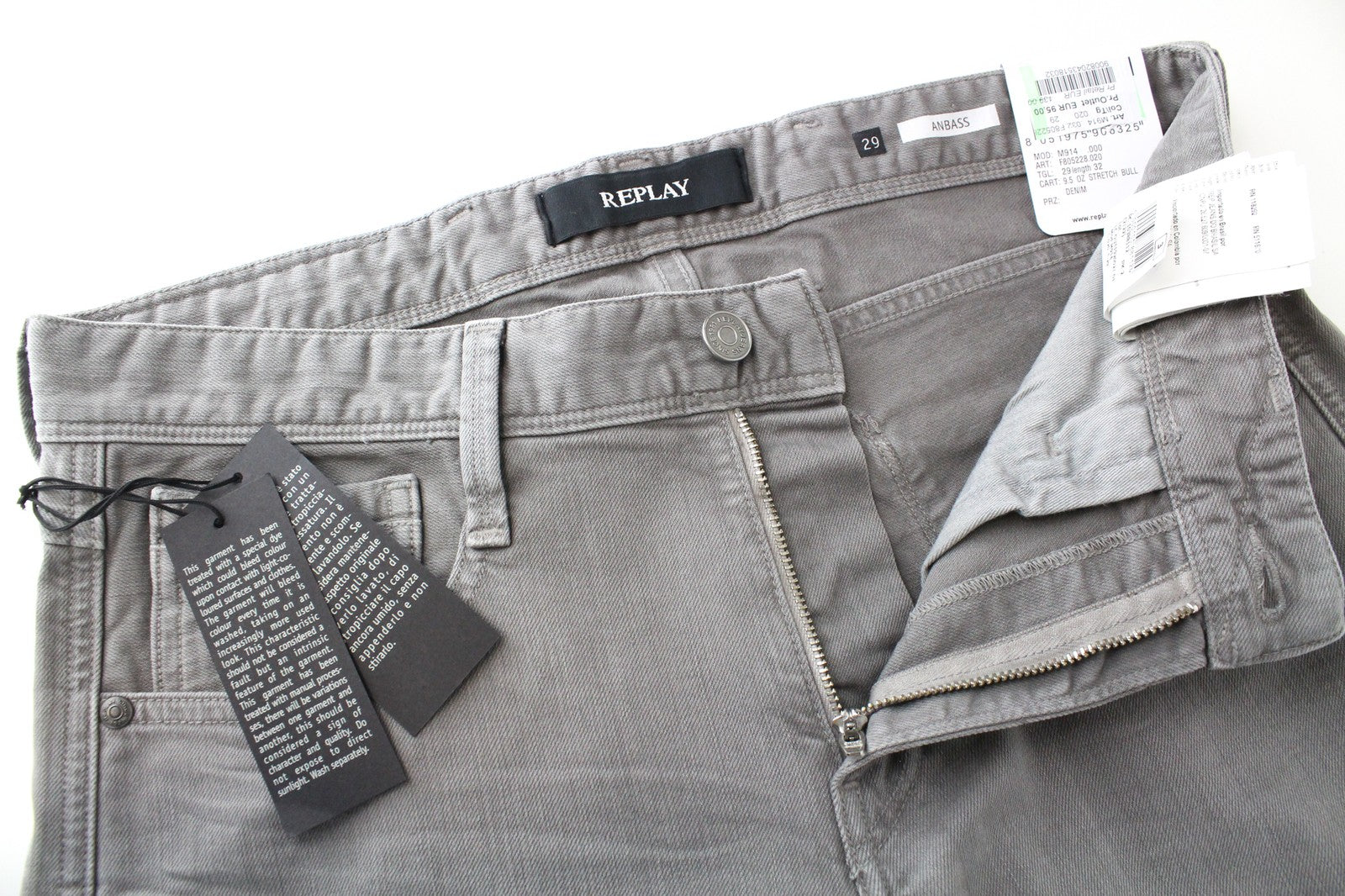 REPLAY Anbass W29/L32 Men's Slim Fit Grey Denim Cotton Stretch 5-Pocket