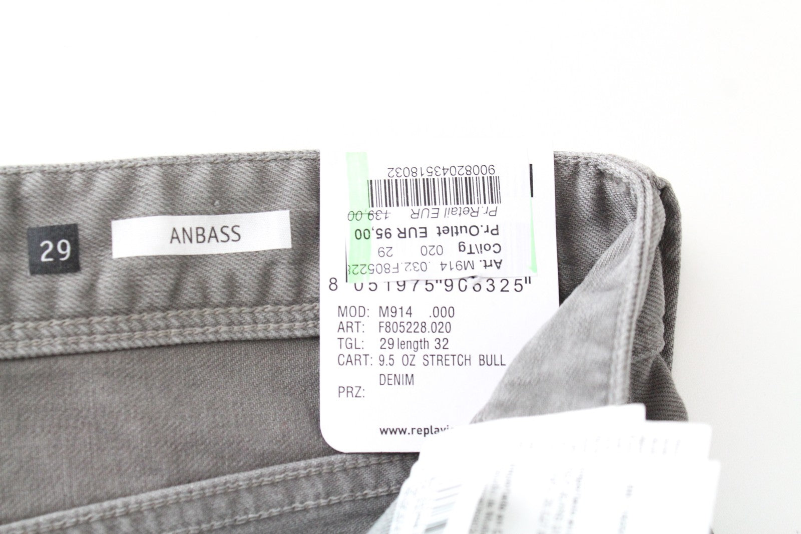 REPLAY Anbass W29/L32 Men's Slim Fit Grey Denim Cotton Stretch 5-Pocket