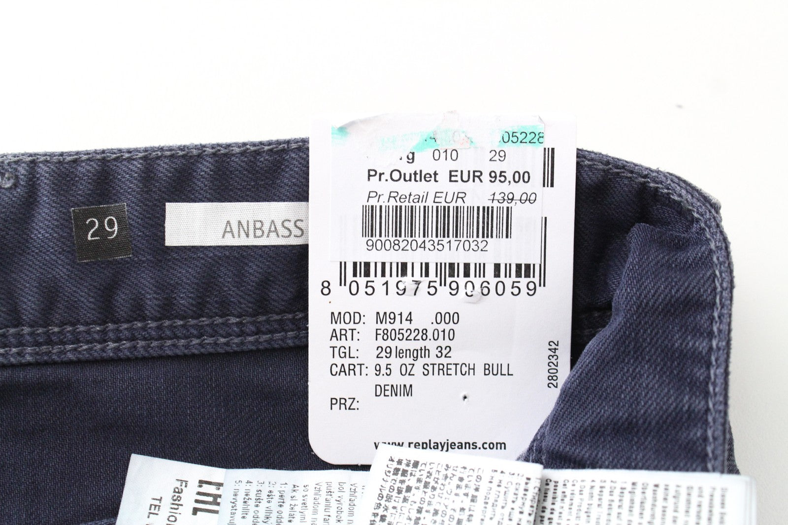 REPLAY Anbass Jeans W29/L32 Men's Slim Fit Blue Stretch Cotton 5-Pocket Cut