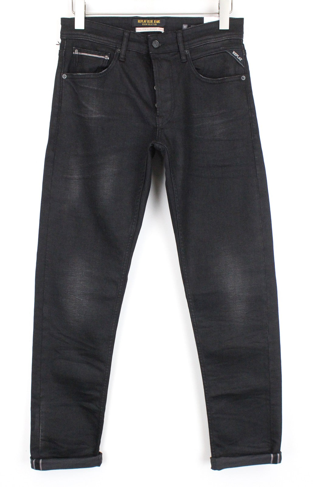 REPLAY Grover W30/L34 juodi, tiesūs, tamprūs, medvilniniai džinsai su užsegimu, skalbinių spalvos 