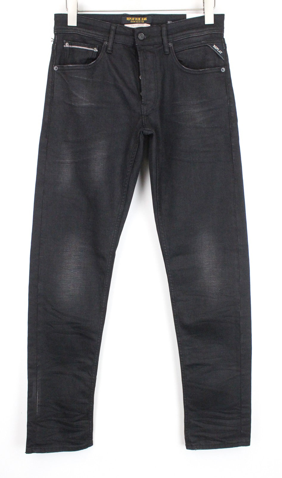 REPLAY Grover W30/L34 juodi, tiesūs, tamprūs, medvilniniai džinsai su užsegimu, skalbinių spalvos 