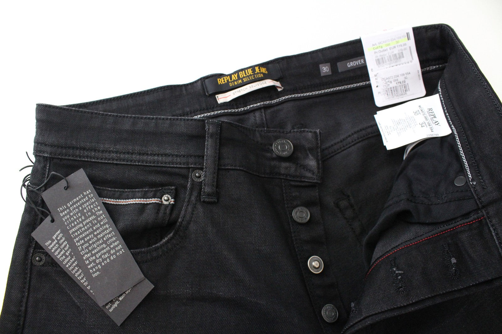REPLAY Grover W30/L34 juodi, tiesūs, tamprūs, medvilniniai džinsai su užsegimu, skalbinių spalvos 
