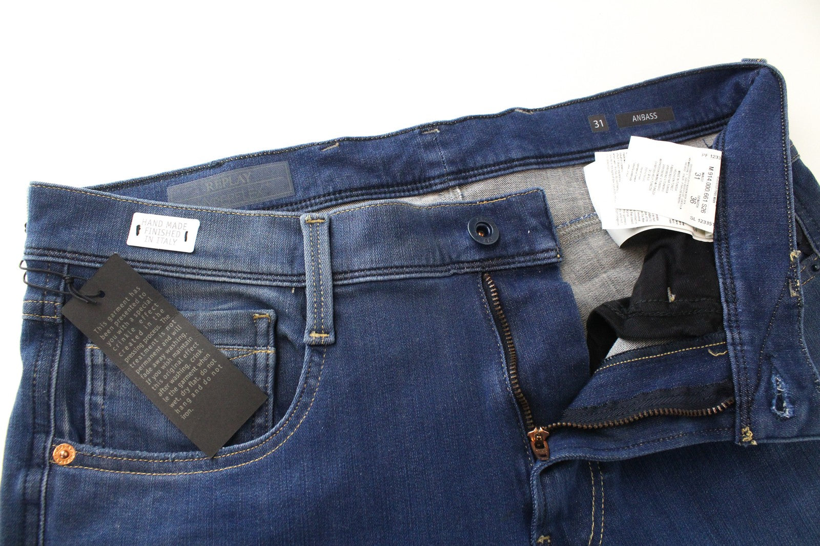 REPLAY Anbass W31/L36 Slim Fit Blue Washed Stretch Cotton 5-Pocket Jeans