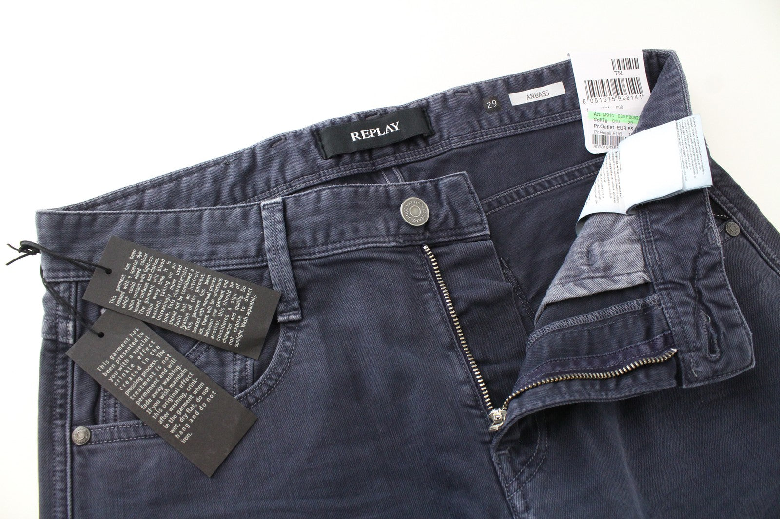 REPLAY Anbass W29/L30 Men's Slim Blue Stretch Jeans with 5-Pocket Design