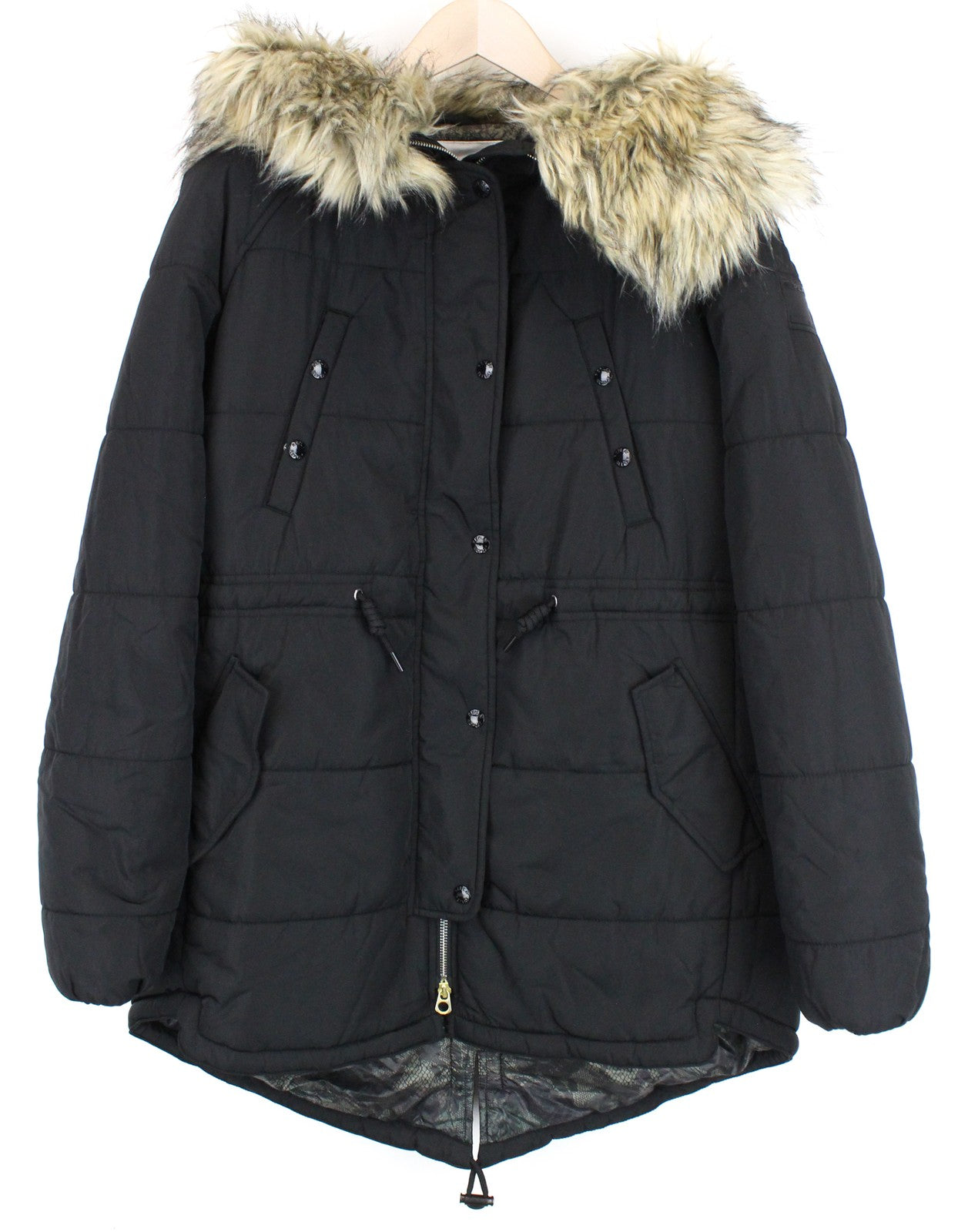REPLAY S Black Faux Fur Padded Women's Parka Hooded Lined Zipped Jacket