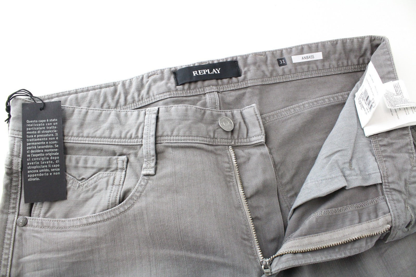 REPLAY W31/L34 Anbass Jeans Slim Fit Stretch Grey Cotton 5-Pocket Style