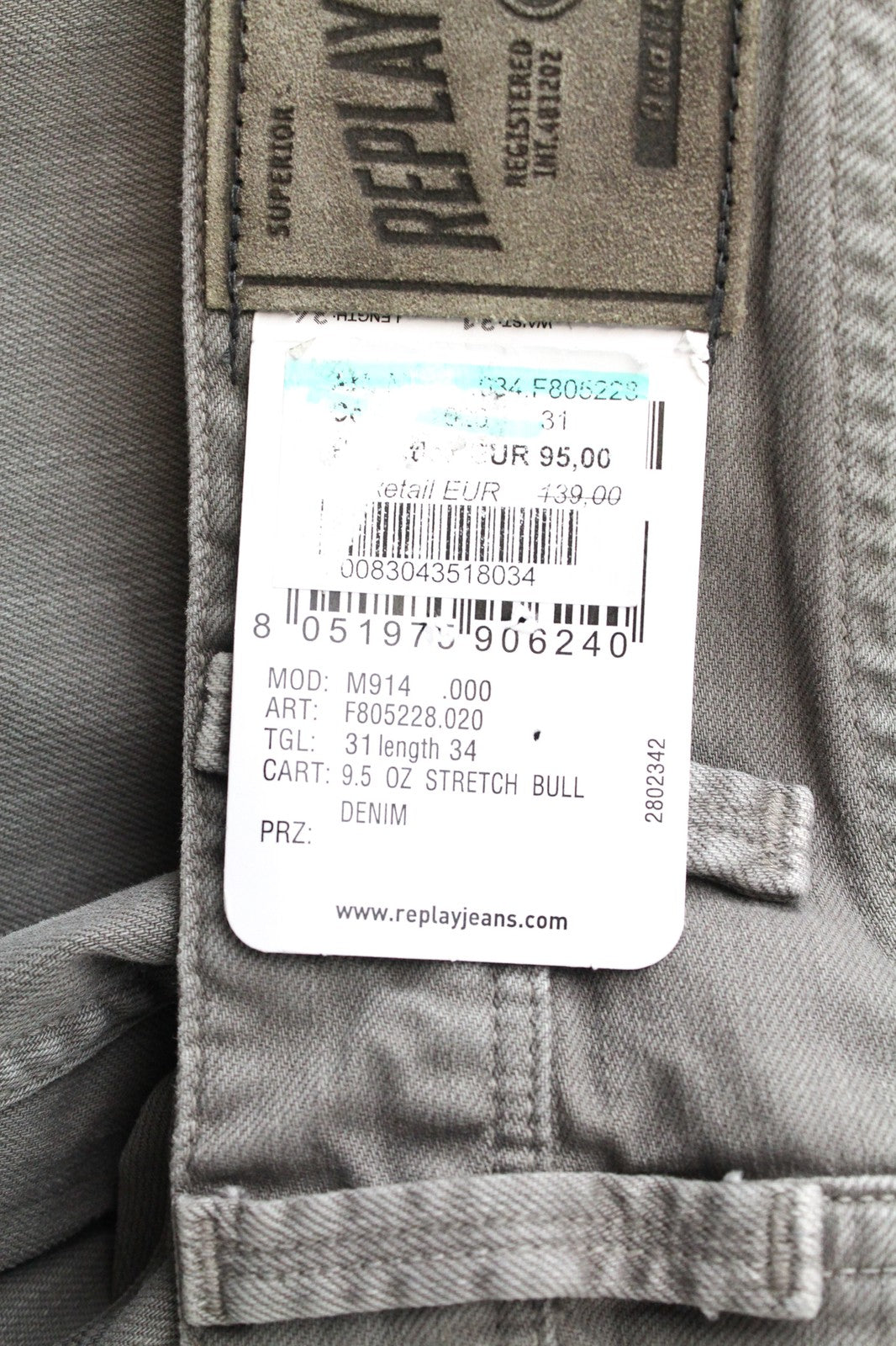 REPLAY W31/L34 Anbass Jeans Slim Fit Stretch Grey Cotton 5-Pocket Style