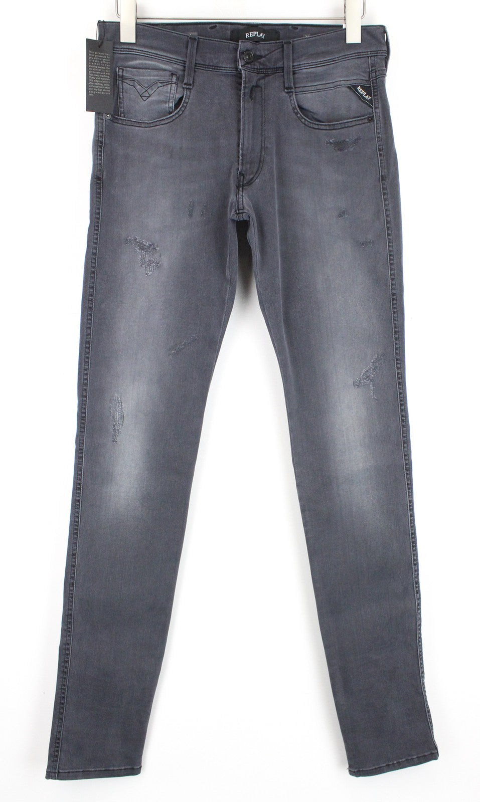 REPLAY W31/L36 Anbass Grey Washed Stretch Cotton Distressed Slim Jeans