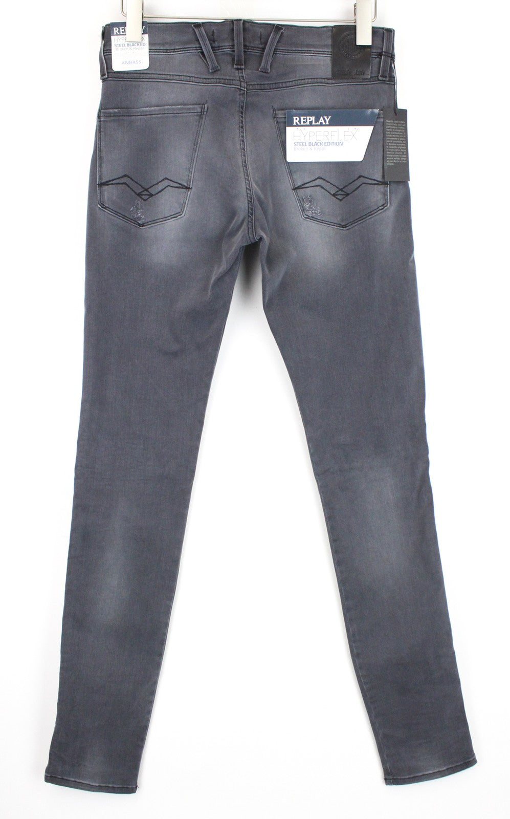 REPLAY W31/L36 Anbass Grey Washed Stretch Cotton Distressed Slim Jeans