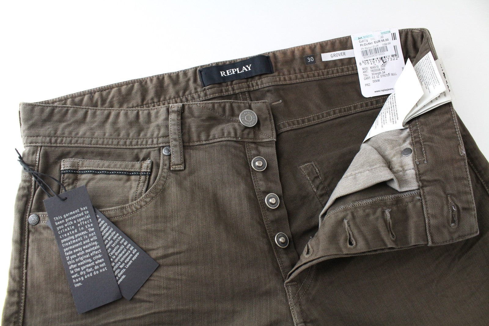 REPLAY Grover W30/L34 Straight Washed Brown Denim Stretch Cotton Fit Jeans