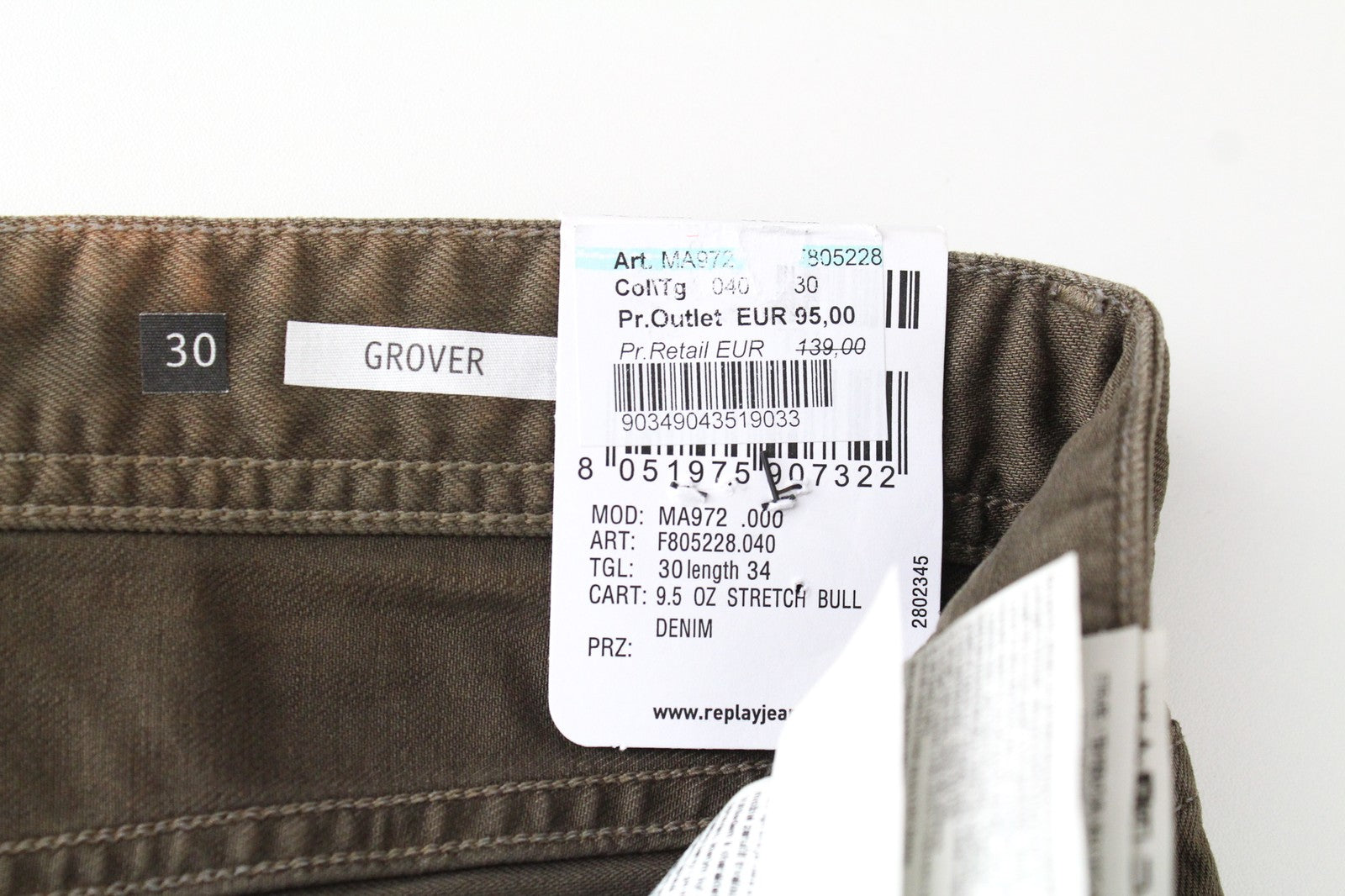 REPLAY Grover W30/L34 Straight Washed Brown Denim Stretch Cotton Fit Jeans