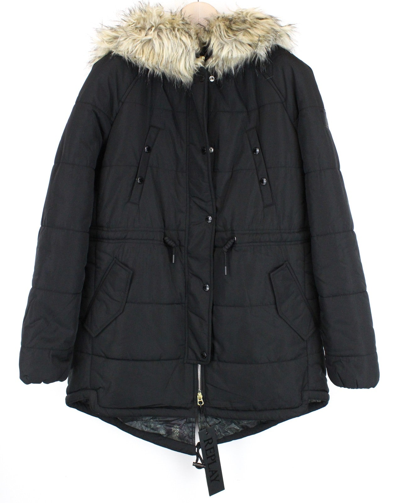 REPLAY Women's Jacket M Black Faux Fur Padded Hooded Lined Zipped Parka