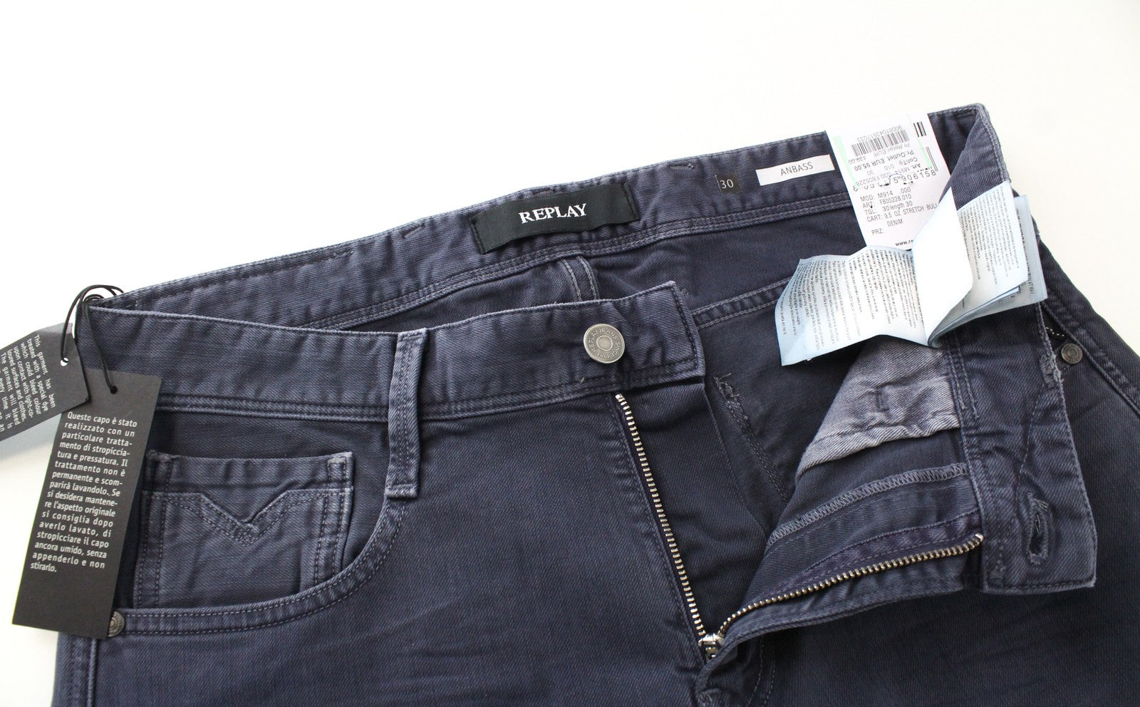 REPLAY W30/L30 Men's Anbass Jeans Slim Blue Cotton Stretch with 5-Pockets