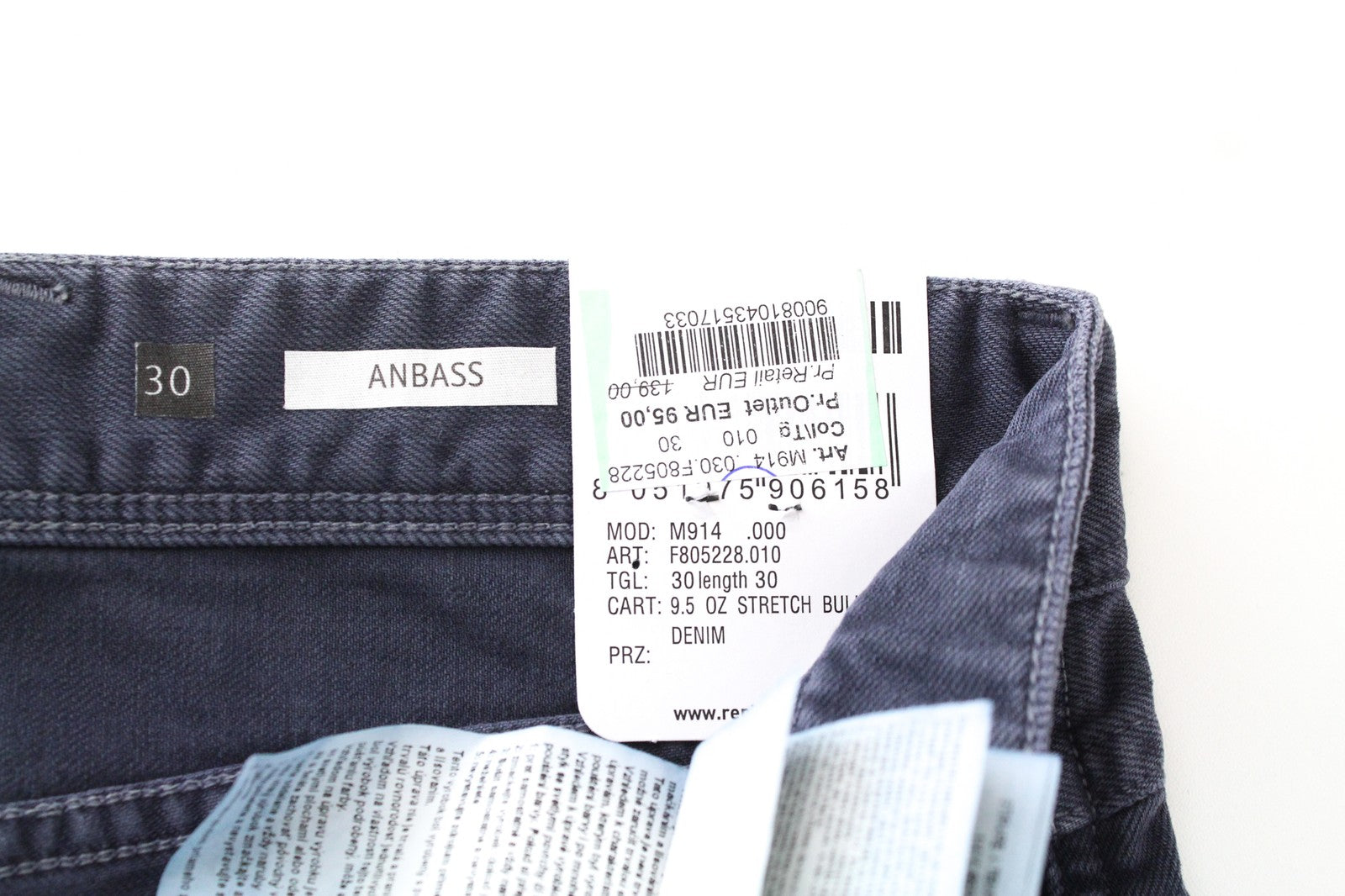 REPLAY W30/L30 Men's Anbass Jeans Slim Blue Cotton Stretch with 5-Pockets