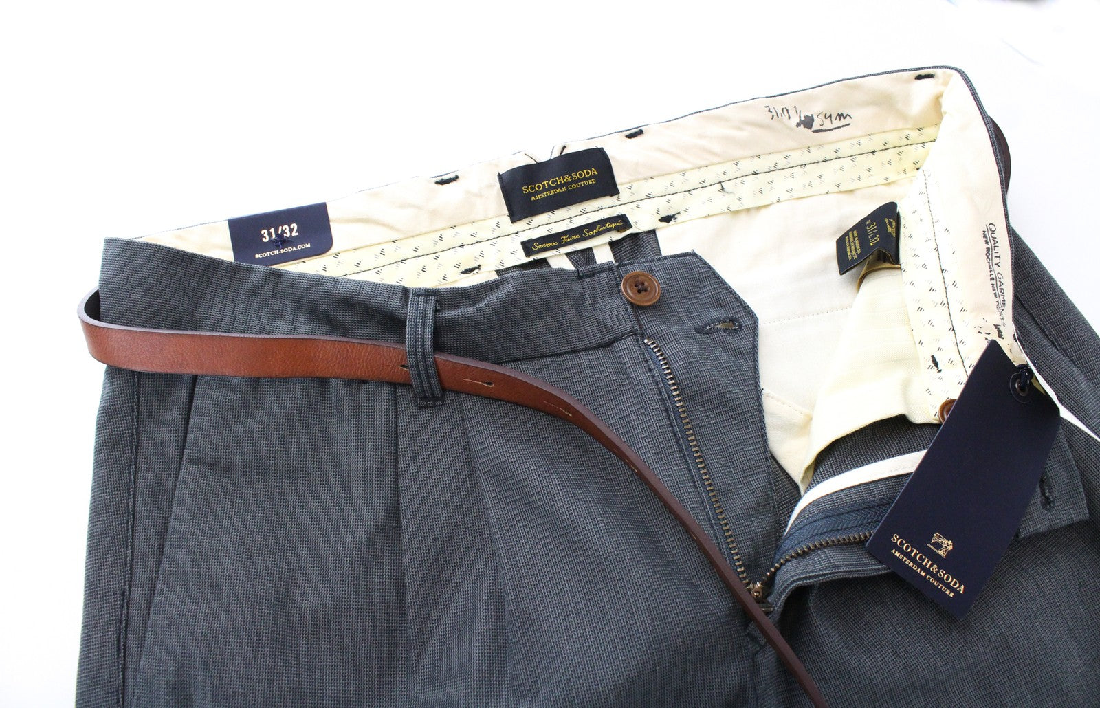 SCOTCH & SODA Stuart W31/L32 Men's Slim Cotton Trousers Grey Pleated Belted