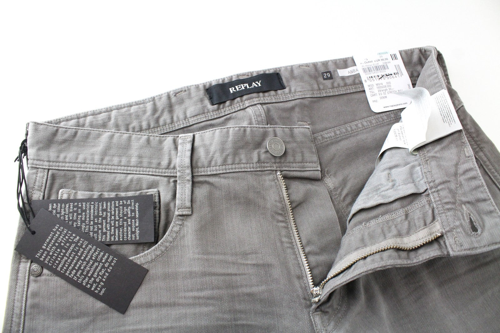 REPLAY Anbass W29/L30 Men's Slim Cotton Stretch Grey Casual 5-Pockets Jeans