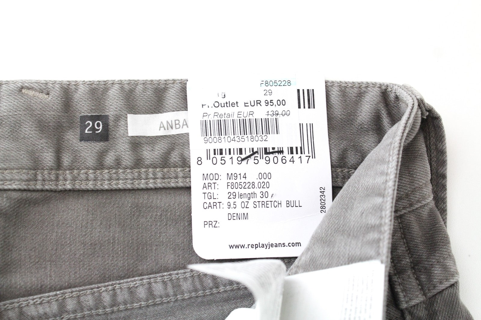 REPLAY Anbass W29/L30 Men's Slim Cotton Stretch Grey Casual 5-Pockets Jeans