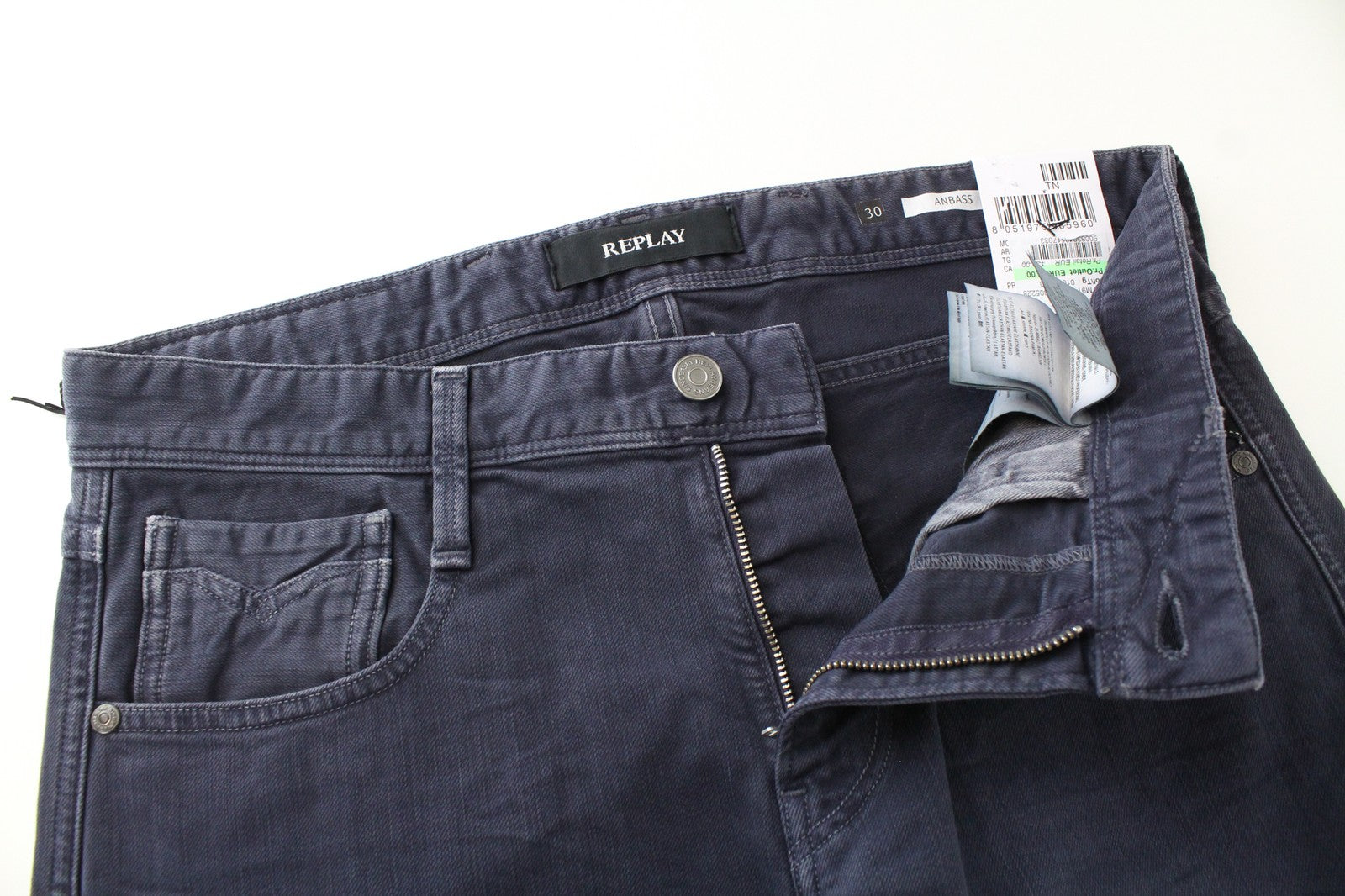 REPLAY Men's Anbass Jeans W30/L34 Slim Fit Blue Stretch 5-Pockets Denim