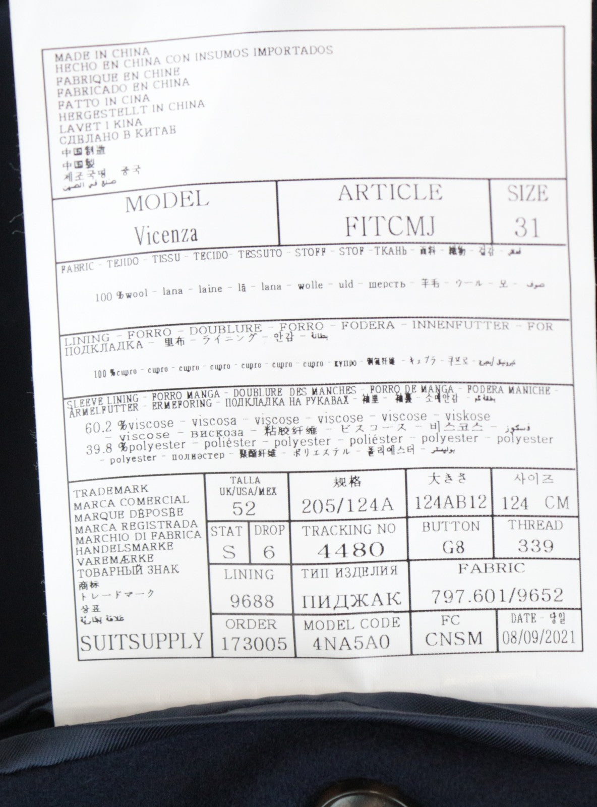 SUITSUPPLY Vicenza Coat UK52S Men's Navy Wool Lined Single-Breasted Classic