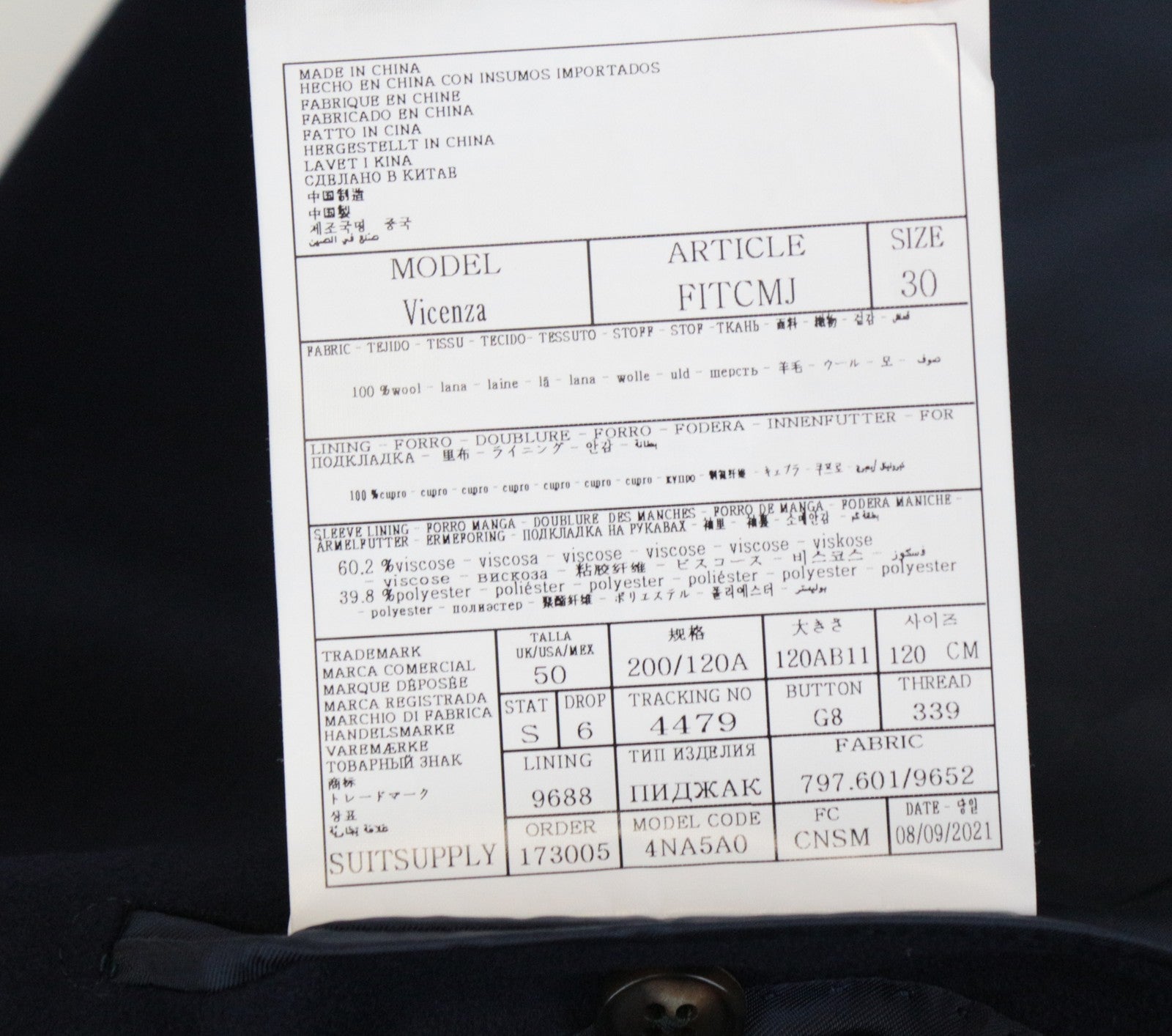 SUITSUPPLY Vicenza UK50S Men's Navy Wool Coat Lined Single-Breasted Formal