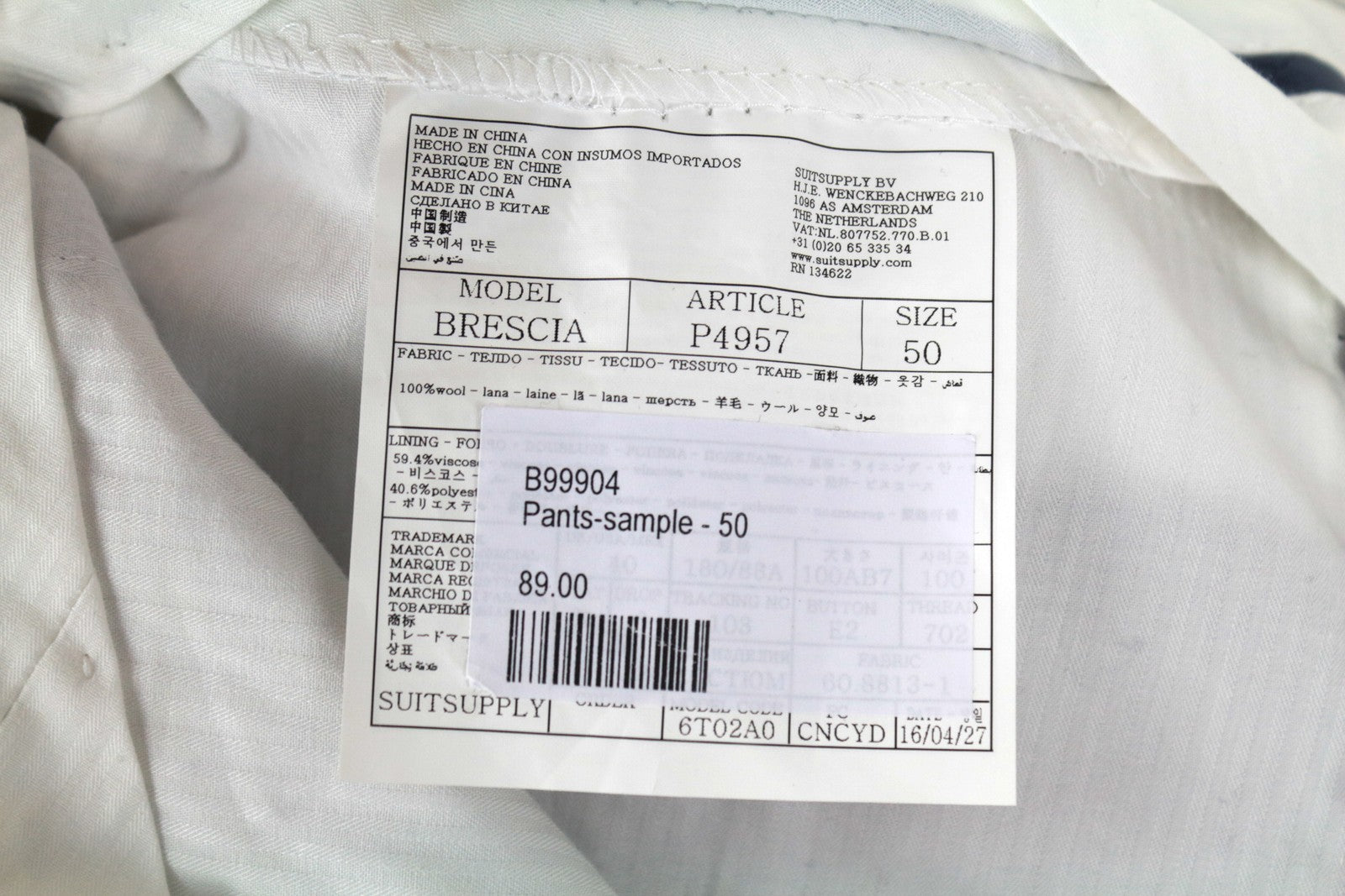 SUITSUPPLY UK40R Brescia Grey Wool Trousers Patterned Pleated