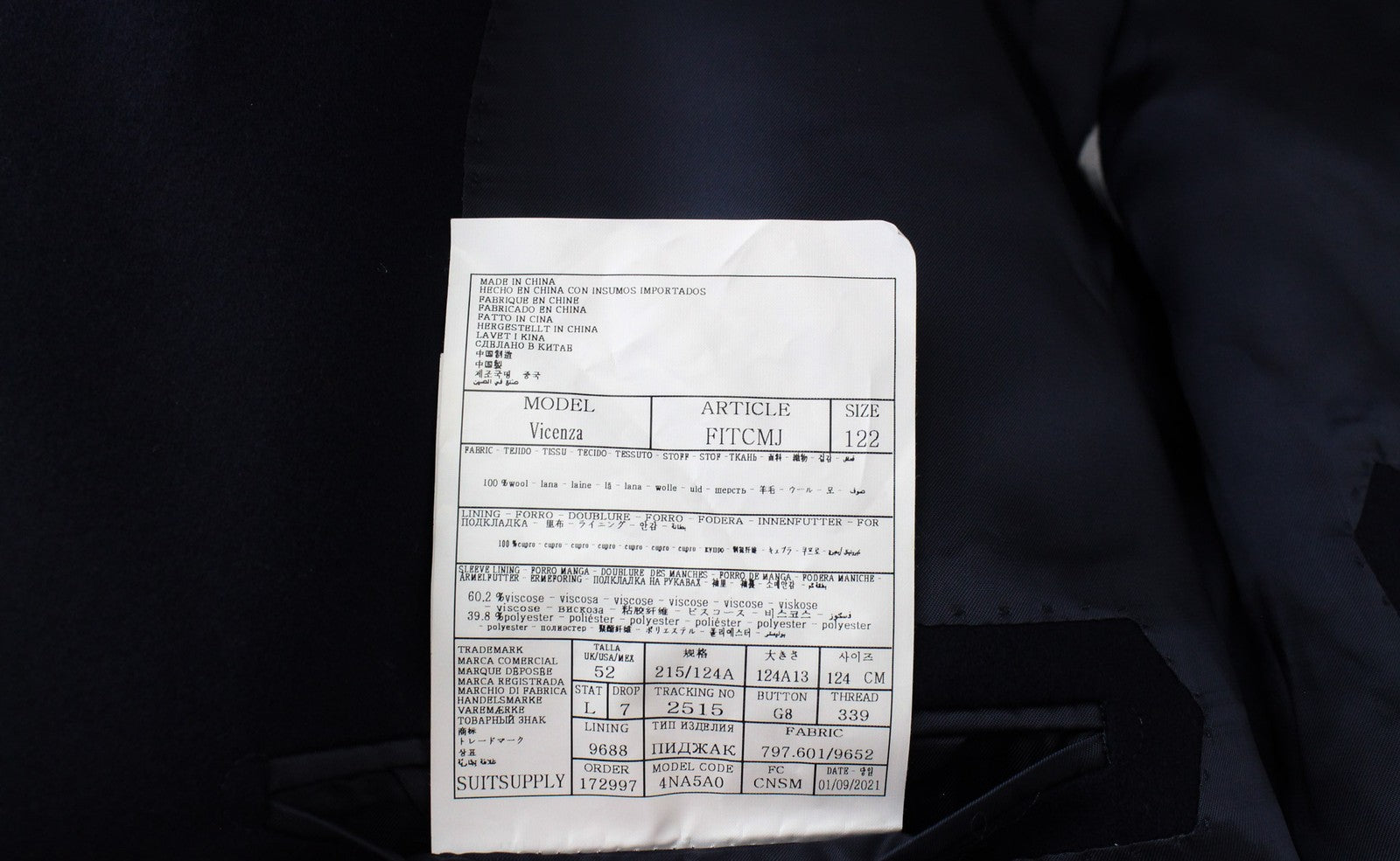 SUITSUPPLY Vicenza UK52L Men's Wool Coat Navy Blue Formal Lined