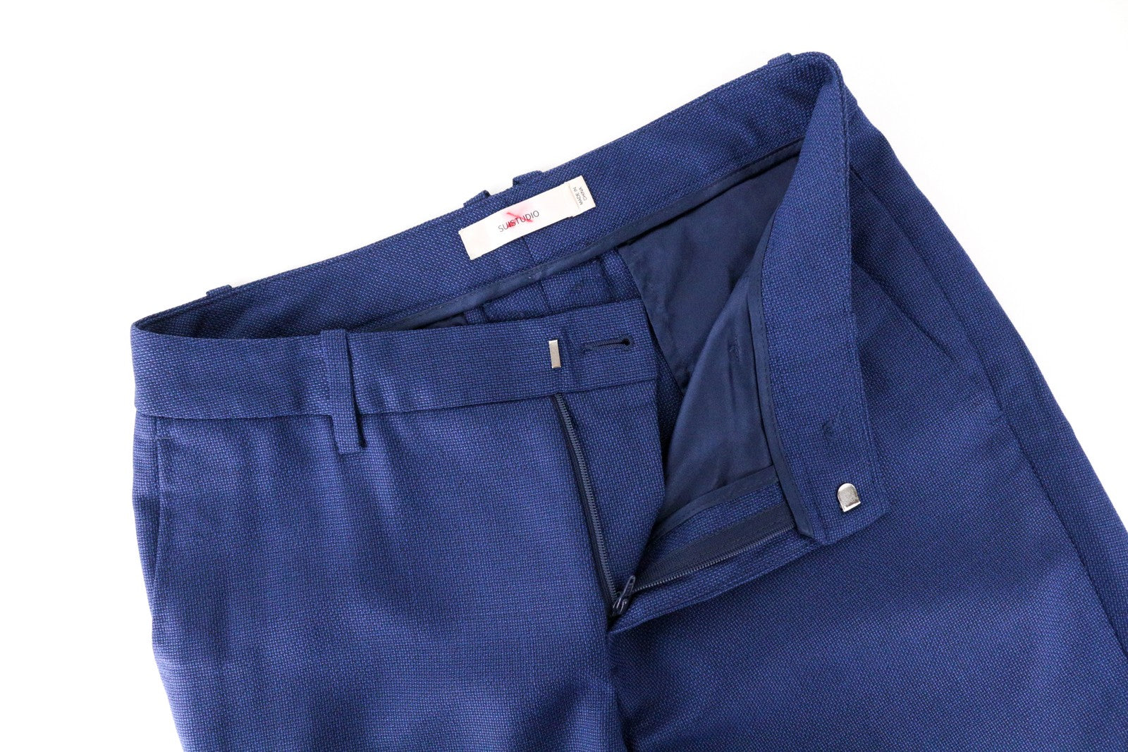 SUISTUDIO UK8R Women's Blue Wool Trousers Turn-Up Pleated Classic